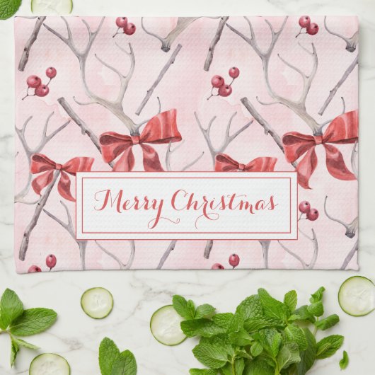 Kerstroze linten en Holly Berries Holiday K Theedoek (Gevouwen)