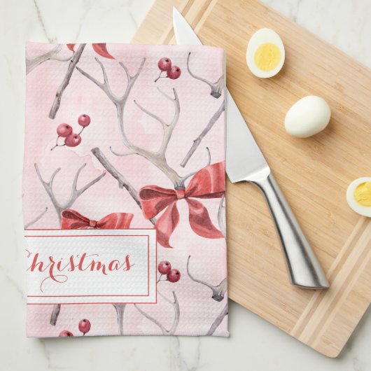 Kerstroze linten en Holly Berries Holiday K Theedoek (Quarter Fold)