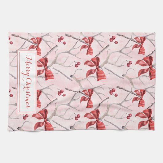 Kerstroze linten en Holly Berries Holiday K Theedoek (Horizontaal)