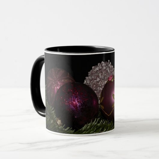 Kerstroze marron Ornaments Floral Black Mok (Voorkant links)