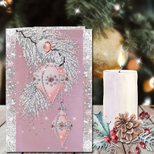 kerstroze Ornamenten Zilver Glitter Kaart