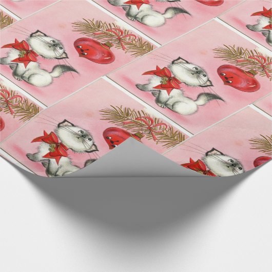 kerstroze  Retro Kitten Kat Gift  Cadeaupapier (Hoek)