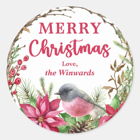 Kerstroze Robin Poinsettia Winter Wreath Ronde Sticker (Voorkant)
