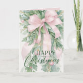 Kerstroze satijnen lint Holly Greenery Feestdagen Kaart (Voorkant)