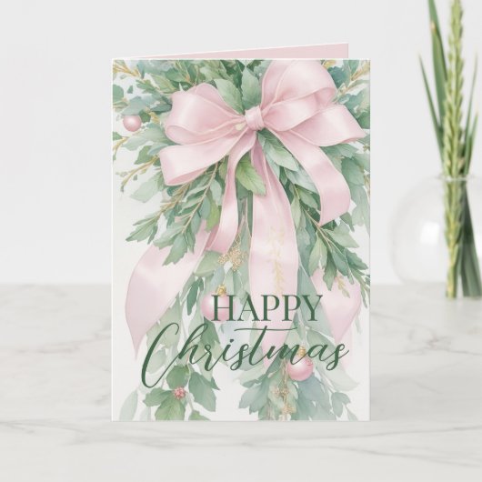 Kerstroze satijnen lint Holly Greenery Feestdagen Kaart (Voorkant)