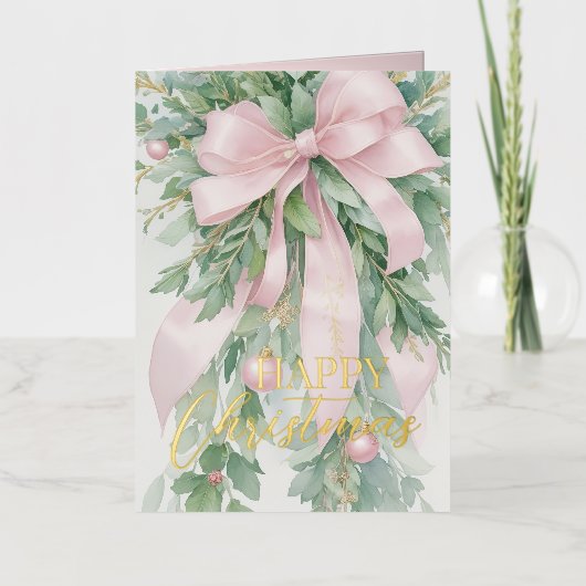 Kerstroze satijnen lint Holly Greenery Folie Feestdagenkaart (Voorkant)