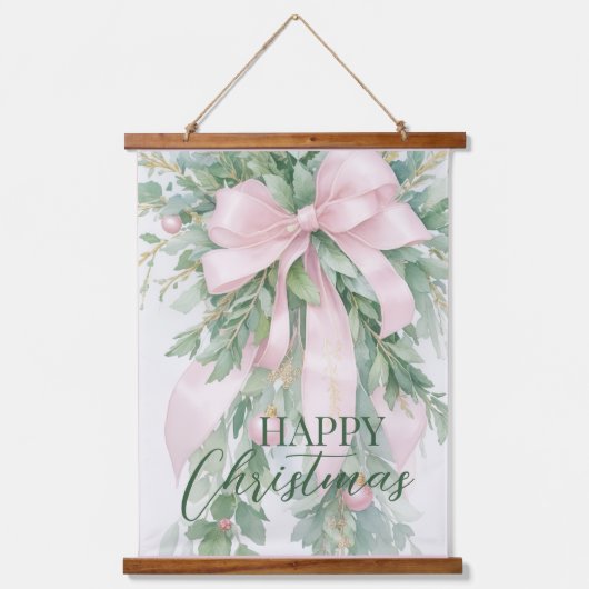 Kerstroze satijnen lint Holly Greenery Hangend Wandkleed (Voorkant)