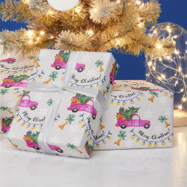 Kerstroze vrachtwagen met boom en wensen cadeaupapier