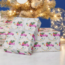 Kerstroze vrachtwagen met boom en wensen cadeaupapier