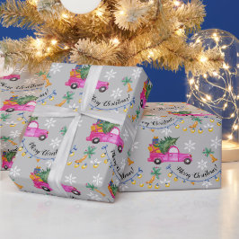 Kerstroze vrachtwagen met boom en wensen cadeaupapier