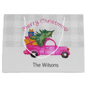 Kerstroze vrachtwagen met boom en wensen groot cadeauzakje (Voorkant)
