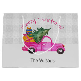 Kerstroze vrachtwagen met boom en wensen groot cadeauzakje