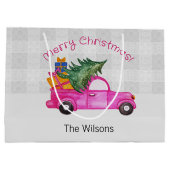 Kerstroze vrachtwagen met boom en wensen groot cadeauzakje (Achterkant)