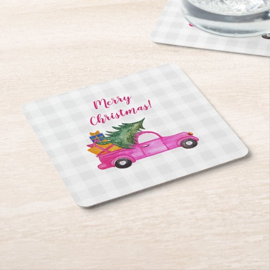 Kerstroze vrachtwagen met boom en wensen kartonnen onderzetters (Schuin)