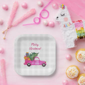 Kerstroze vrachtwagen met boom en wensen papieren bordje (Feest)