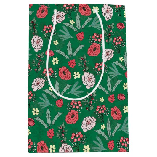 kerstRozen Berries Floral Green Pattern Medium Cadeauzakje (Voorkant)