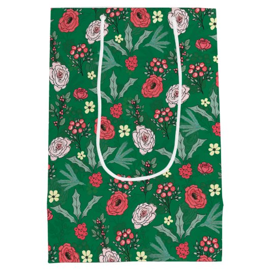 kerstRozen Berries Floral Green Pattern Medium Cadeauzakje (Achterkant)