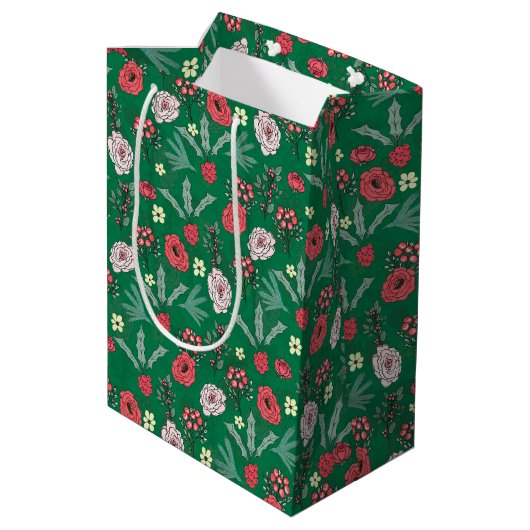kerstRozen Berries Floral Green Pattern Medium Cadeauzakje (Achterkant Gekanteld)