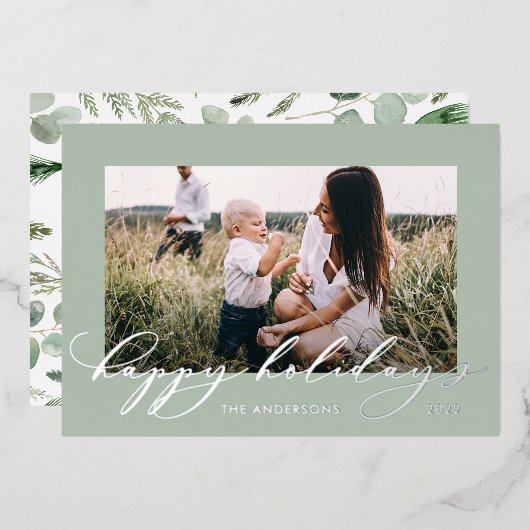 Kerstsage groen 1 foto botanisch schrift folie feestdagenkaart (Voorkant / Achterkant)