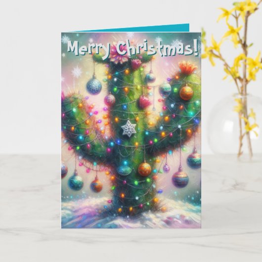 Kerstsaguaro Cactus Whimsical Kerstmis Kaart (Gele Bloem)