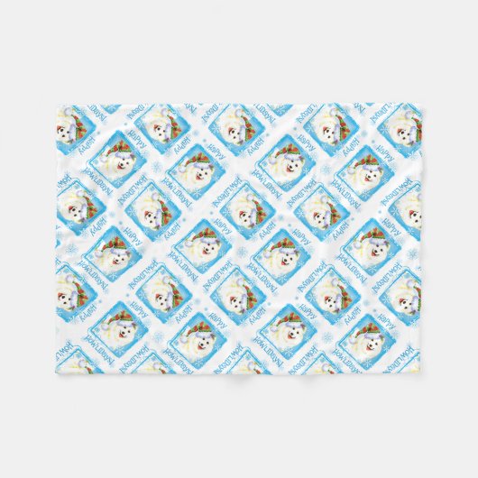 KerstSamoyed Fleece Deken (Voorkant (Horizontaal))