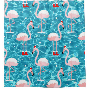 kerstsanta flamingo douchegordijn
