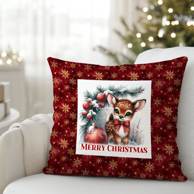 Kerstscene baby ree kerst kussen  (Frosty Christmas scene baby fawn Christmas pillow (51))