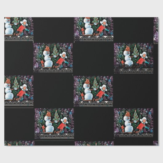 Kerstscène Checkerboard zwart inpakpapier (Vlak)