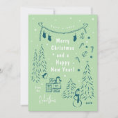 Kerstscène Doodle Blauwgroen & Groene Kerst Kaart (Voorkant)