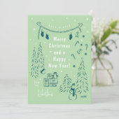 Kerstscène Doodle Blauwgroen & Groene Kerst Kaart (Staand voorkant)