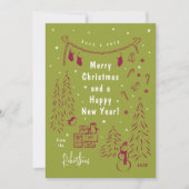 Kerstscène Doodle Rood & Groen Kerst Kaart (Voorkant)