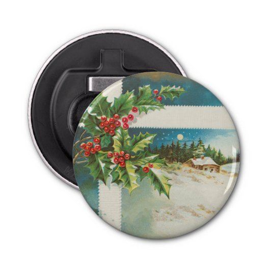 Kerstscène Holly Snow Winter Button Flesopener (Voorkant)