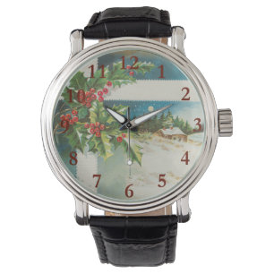 Kerstscène Holly Snow Winter Horloge