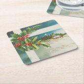 Kerstscène Holly Snow Winter Kartonnen Onderzetters (Schuin)