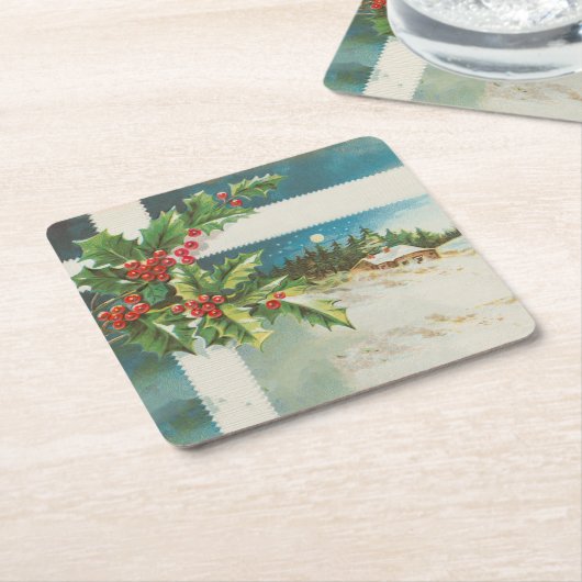 Kerstscène Holly Snow Winter Kartonnen Onderzetters (Schuin)