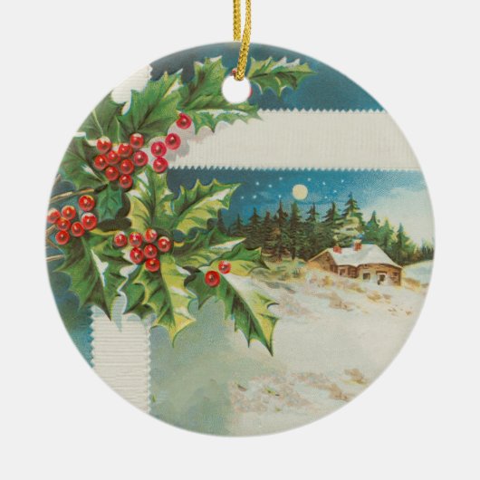 Kerstscène Holly Snow Winter Keramisch Ornament (Voorkant)