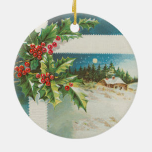 Kerstscène Holly Snow Winter Keramisch Ornament