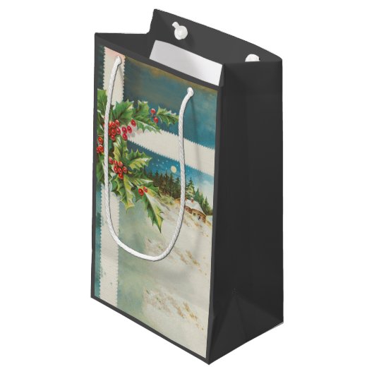 Kerstscène Holly Snow Winter Klein Cadeauzakje (Voorkant Gekanteld)