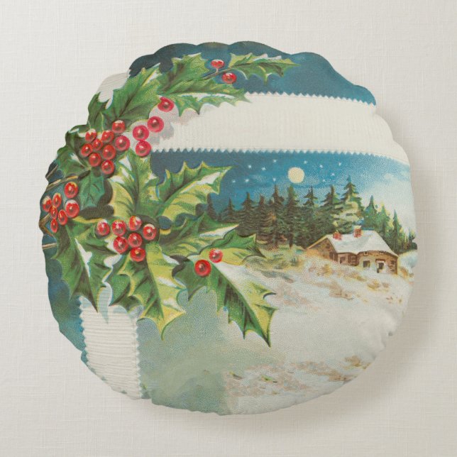 Kerstscène Holly Snow Winter Rond Kussen (Voorkant)