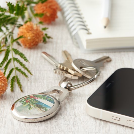 Kerstscène Holly Snow Winter Sleutelhanger (Zijkant)