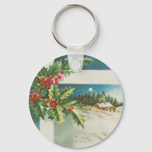 Kerstscène Holly Snow Winter Sleutelhanger