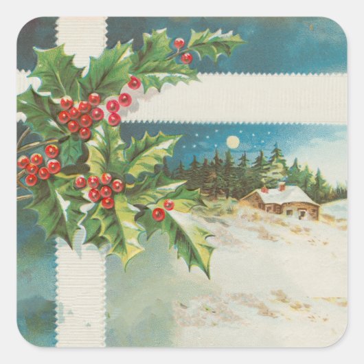 Kerstscène Holly Snow Winter Vierkante Sticker (Voorkant)