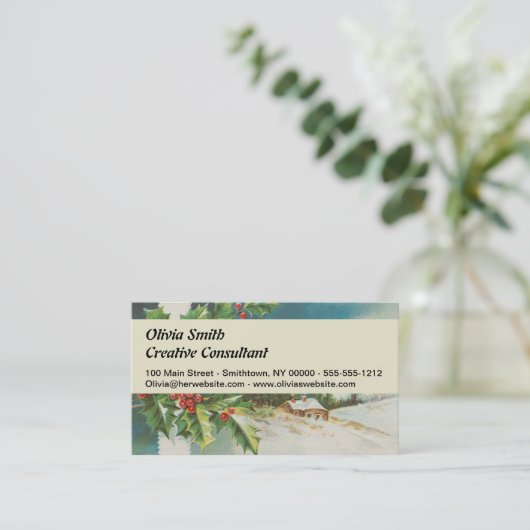 Kerstscène Holly Snow Winter Visitekaartje (Staand voorkant)