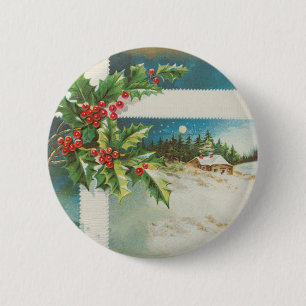 kerstscene hulst sneeuw winter kunstwerk ronde button 5,7 cm