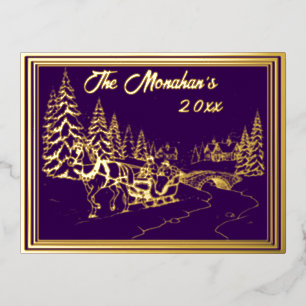 Kerstscène in goud met Paarse Folie Feestdagen Briefkaart