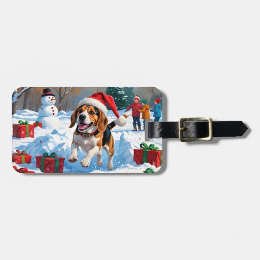 Kerstscene met Beagle in sneeuw Bagagelabel (Voorkant horizontaal)