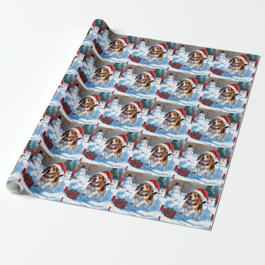 Kerstscene met Beagle in sneeuw Cadeaupapier (Uitgerold)