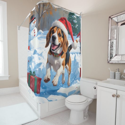 Kerstscene met Beagle in sneeuw Douchegordijn (In situ)