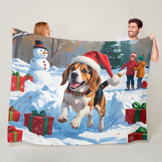 Kerstscene met Beagle in sneeuw Fleece Deken (In situ)