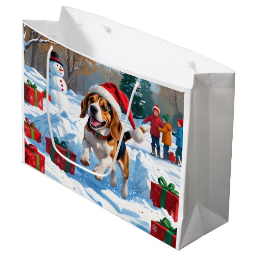 Kerstscene met Beagle in sneeuw Groot Cadeauzakje (Voorkant Gekanteld)